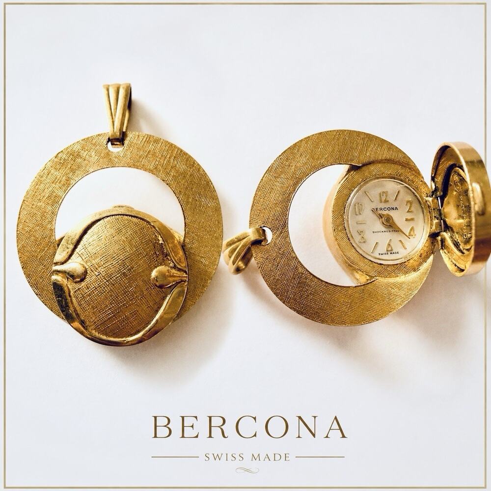 Rare Bercona Swiss Watch Locket Gold Tone Pendant Atomic Retro 60s Vintage READ!